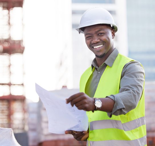 Portrait of black man engineer, floor plan and construction site in city, planning with safety and paper for inspection. Smile, architect or project manager at building, engineering and blueprint